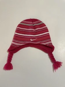Nike Infant Knit Beanie Hat Pink Stripe Winter Warm Hat Snow Gear Baby 0-6mo EUC - Picture 1 of 8