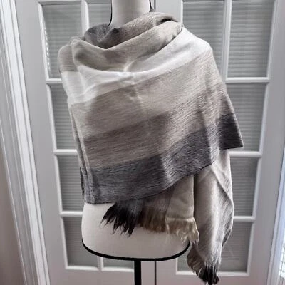 Alpaca Wool Tan Gray Striped Boho Shawl Poncho  - Image 1 of 4