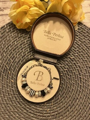 Pulsera Bella Perlina Plata, Blanco y Negro Cuentas Slide Charm Nueva Foto 1 de 3