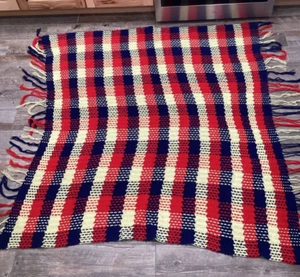 VTG MCM Blanket Throw Red Off White Blue Handmade Retro 47”x55” Picnic July 4th - Picture 1 of 6
