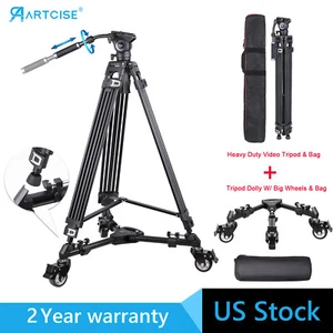 73" Video Tripod Heavy Duty Tripod Camera Stand W/ Fluid Drag Head Tripod Dolly - Picture 1 of 25