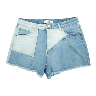 Madden NYC Patchwork High Rise Denim Shorts Women Jr Size 13 Y2K Raw Hem Stretch - Image 1 of 3