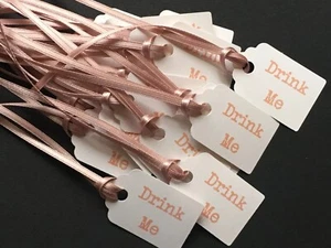 Pack 20 Small Rose Gold Drink Me Favour Tags Labels with matching ribbon - Picture 1 of 3