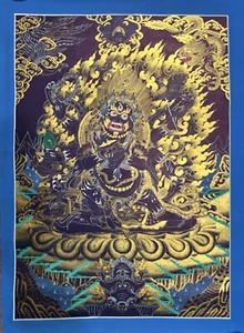 SIX ARMED MAHAKALA PROTECTOR ORIGINAL BLACK AND GOLD TIBETAN THANGKA PAINTING - Picture 1 of 8