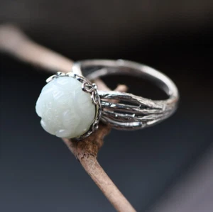 I05 Anello Rindenoptik Fiore Bianchi Giada Argento Sterling 925 Regolabile - Foto 1 di 9