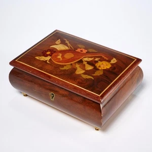 Boîte à musique à bijoux Reuge luth bois incrusté fantôme de l'opéra 6"l - Photo 1/7