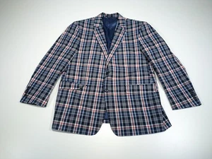 Saddlebred Plaid Sports Coat 44S Blue Madras Cotton Business Casual Informal L - Picture 1 of 14