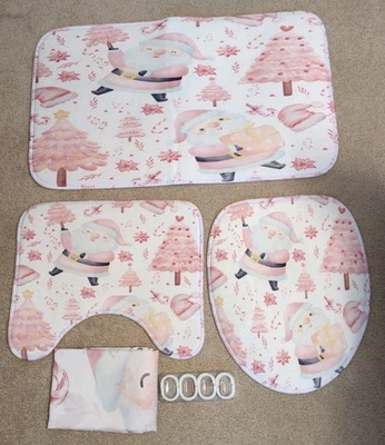 Christmas Bathroom Decoration Set. Bath Mat, Toilet Rug & Cover Shower Curtain - Image 1 of 4