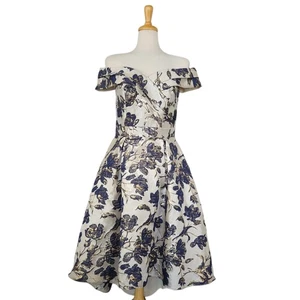 Oleg Cassini Floral Metallic Brocade Off the Shoulder Dress High Low Size 10 - Picture 1 of 16