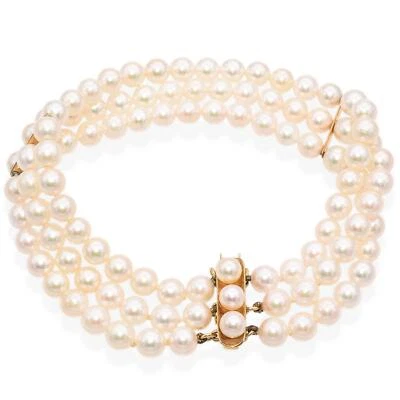 Vintage 14K Yellow Gold 3 Rows Pearl Beaded Strand Bracelet - Image 1 of 4