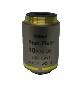 Lente objetivo microscopio Nikon Plan Fluor 10x/0,30 DIC L/N1 ∞/0,17 WD 16 - Imagen 1 de 5
