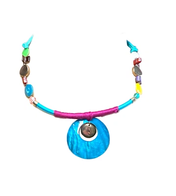 Blue Purple Mother Of Pearl Pendant Necklace Multi Color Green Cord Boho Ethnic - Image 1 of 4