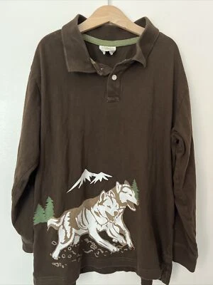 Crazy 8 Boys 10 12 Brown Long Sleeve Polo Shirt 3D Wolf Mountain Forest 2012 - Image 1 of 4
