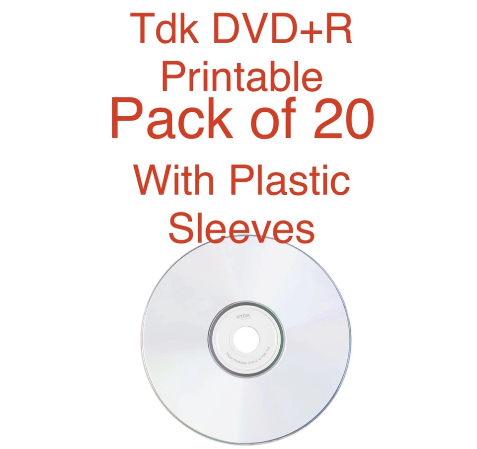 20 x TDK DVD+R  Blank Discs 4.7GB 16x Full Face Printable Inkjet In Sleeves - Image 1 of 1