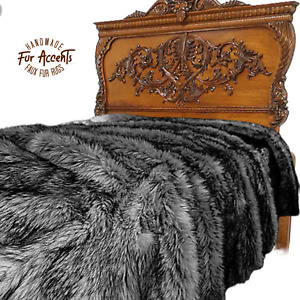 Faux Fur Bedspread Throw Blanket, Gray Tip Wolf Fur, Minky Lining Handmade USA