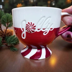 STARBUCKS 2007 Red White Footed Mug Peppermint Candy Cane Design Gift for Her Te - Picture 1 of 6