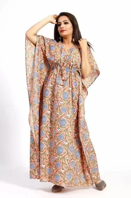 Block Print Long Maxi Dress Boho Beachwear Vintage Indian Cotton Kaftan Caftan - Image 1 of 4
