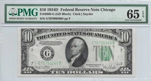 1934D $10 CHICAGO FRN. PMG GEM Uncirculated 65 EPQ Banknote. - Picture 1 of 2