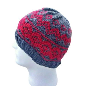 Mens Fair Isle Beanie Handmade Hat Gray Red Skully Knit Wool Nordic S/M Womens