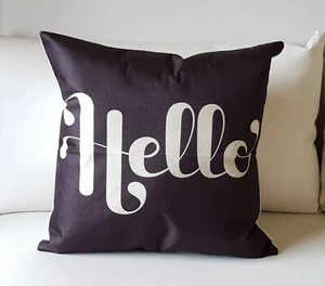 'Hello' Greeting Black Square Cotton Linen Cushion Covers 45x 45cm - Picture 1 of 5