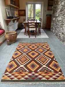 Living Room Rug Orange Brown Geometric Kilim Hand Woven Wool Cotton Rugs