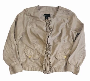 Lane Bryant Jacket Women's 16W Beige Tan Gold Metallic Thread Ruffles Zip Linen - Picture 1 of 13