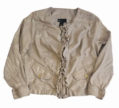 Lane Bryant 夹克女式 16W 米色棕褐色金色金属线褶边拉链亚麻 — 第 1/4 张图片