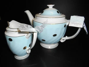 CYNTHIA ROWLEY OSTERN KAFFEE/TEEKANNE SAHNEKÄNNCHEN SET 2 GOLD GEPUNKTET BLAU TEETASSE - Bild 1 von 3