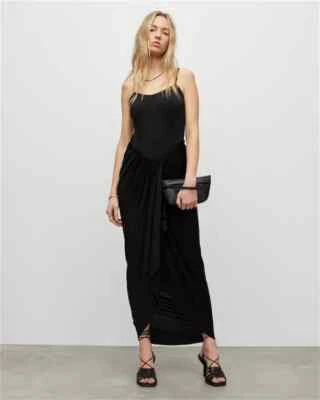 All Saints Womens Draped Midi Dress Sleeveless Slim Square Neck Gathered Skirt - Image 1 of 4