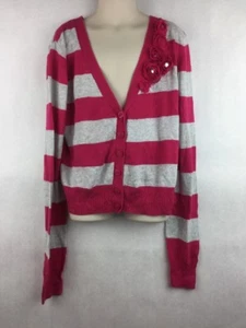 Girl's Justice Pink and Gray V Neck Cardigan Sweater Flower Detail Size 14 - Picture 1 of 4