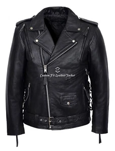 Men's Brando Biker Jacket Black Eagle Embossed Side Laced REAL Hide LEATHER MBF - Picture 1 of 5