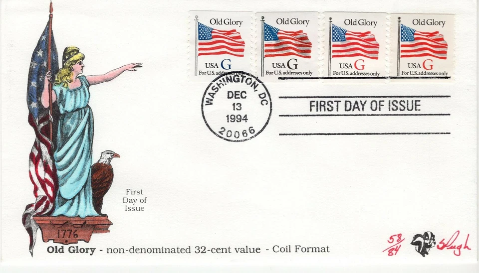 USPS FDC #2889-92 1994 32c Old Glory Stamps Hand Painted Pugh Cachet ST2248 - Image 1 of 3