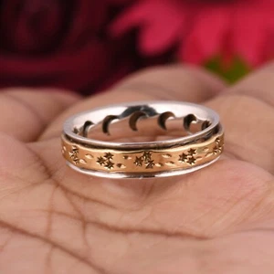 925 Sterling Silver HANDMADE Jewelry Spinner Two Tone Meditation Ring Size - Picture 1 of 8