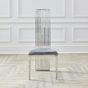 NICHES Dining Chairs Grey Velvet Silver Chrome Tall High Back Linear Modern - Picture 1 of 3