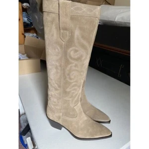 NWT Zara Light Beige Suede Embroidered Western Cowboy Boots Size 9 Knee Height - Picture 1 of 3