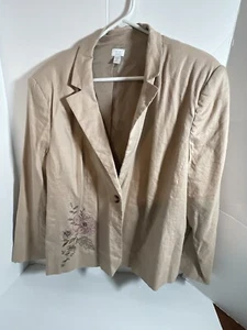 APT 9 Damen Beige Leinen Bestickt Blumen Blazer Karriere Jacke Ein Knopf Gr. 24 - Bild 1 von 8