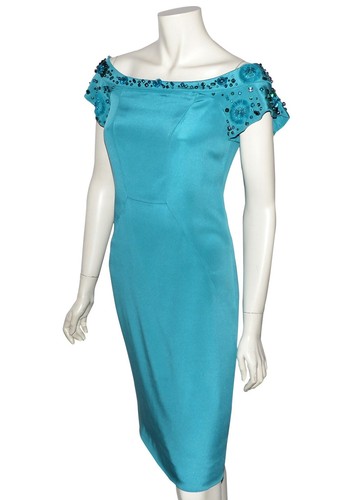 VALENTINO ROBE SOIE TURQUOISE BRODERIE PERLES Silk Valentino dress