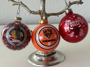 Vintage CHICAGO Bears, Bulls & Blackhawk Glass Ornaments. Set Of 3! - Picture 1 of 8