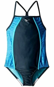 $191 Speedo Swimwear Girls Blue Stretch Heather Splice One-Piece Swimsuit Size 7 - Picture 1 of 1