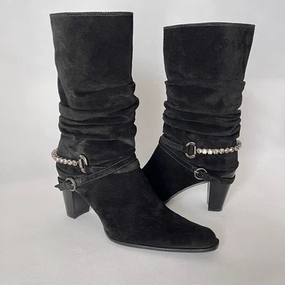 Stuart Weitzman Booties Slouch Crystal Wrap Buckle Boots Black Suede Sz 7 Womens - Image 1 of 4