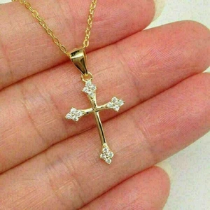 1Ct Round Cut Lab-Created Cross Pendant 14K Yellow Gold Plated 18'' With Chain - Picture 1 of 4