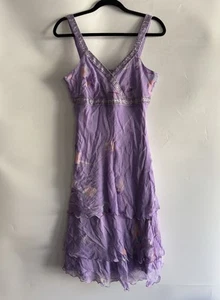 VTG ECI New York Purple 100% Silk Slip Dress Boho Fairy Beaded Ruffle Sz 8 - Picture 1 of 6
