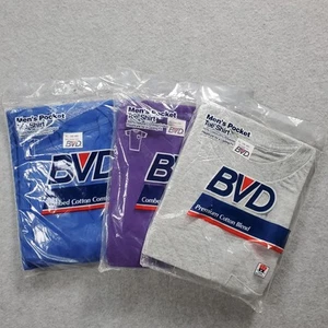 Vintage 80s BVD Mens Blank Pocket Tee Shirt XL Set of 3 Purple Gray Blue NOS - Picture 1 of 13
