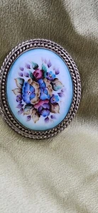 Broche ruso Rostov Finift filigrana tono plata esmalte violetas pintado a mano - Imagen 1 de 4
