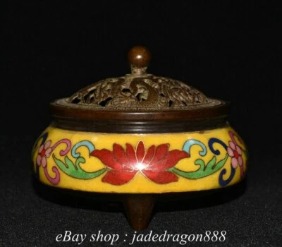 Queimador de incenso 3,2" XuanDe marcado cobre cloisonn Dragon Phoenix 3 pernas - Imagem 1 de 4