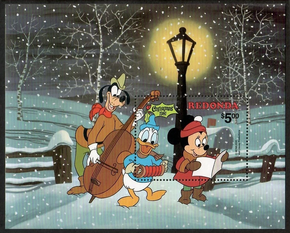 Redonda Antigua 1981 - Navidad Disney - Hoja de estampillas de recuerdo - Scott #91 - MNH Foto 1 de 1