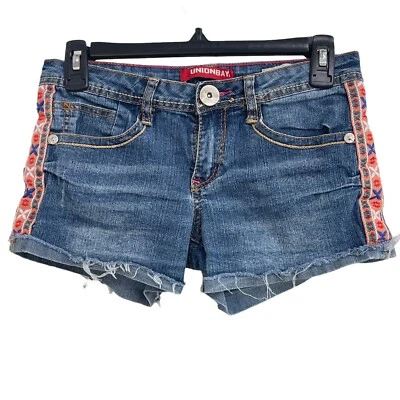 Union Bay Girls SZ 14 Jean Shorts Cuffed Stretch Whiskered Pockets Embroidered - Image 1 of 4