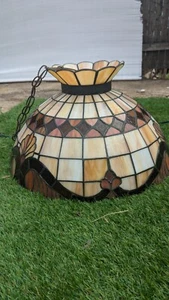 Tiffany's Vintage Stained Glass Lamp, Hanging, Approx 20” Wide, Beige/Red/Tan - Picture 1 of 8