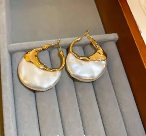 Pendientes de aro de perlas Anthropologie irregulares boho oro llamativo cesta 14k - Imagen 1 de 7