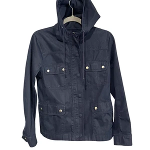 J. Crew Waxed Cotton Jacket Women's Medium Full Zip Hooded Pockets Navy - Picture 1 of 7